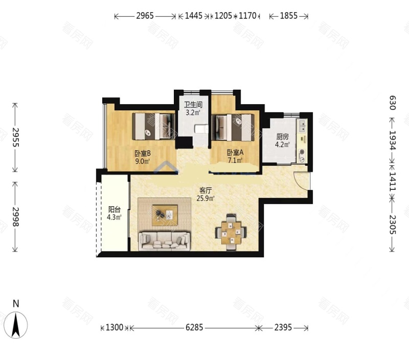 金凯乐花园小区2室2厅1卫户型图4