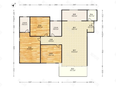 中海凯旋门小区3室2厅1卫户型图3