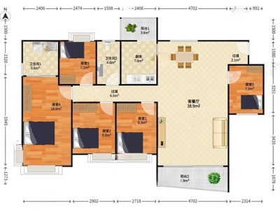 新安湖花园三期小区5室2厅2卫户型图1