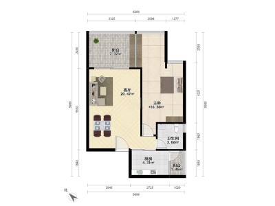 西城雅筑小区1室1厅1卫户型图2