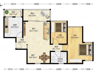 海印长城一期小区2室2厅1卫户型图2