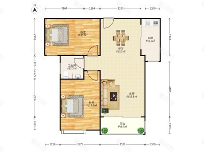 中海国际社区东郡B区小区2室2厅1卫户型图2