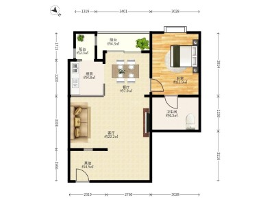 丹枫白露城东1号小区1室2厅1卫户型图1