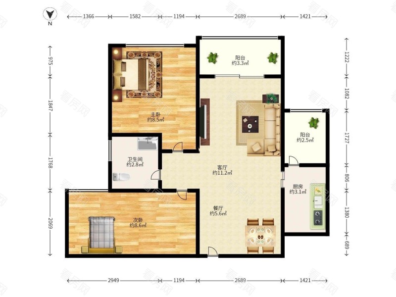 京基100 2室2厅 63㎡_京基100租房户型图片9