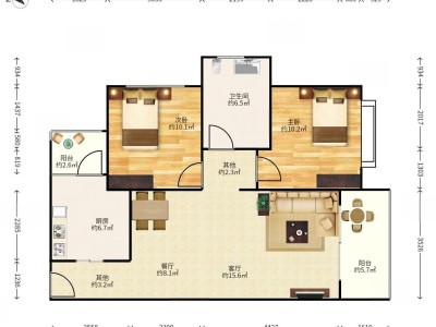 半岛城邦三期小区2室2厅1卫户型图2