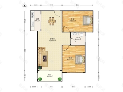 中海国际社区锦园小区2室2厅1卫户型图2