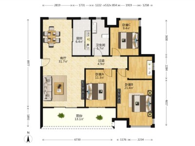 幸福里二期小区3室2厅1卫户型图3