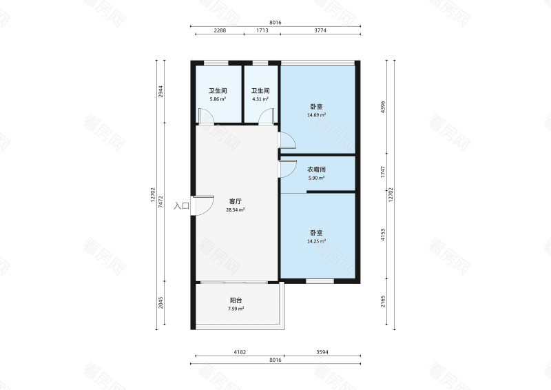 富豪山庄北区小区2室1厅户型图2