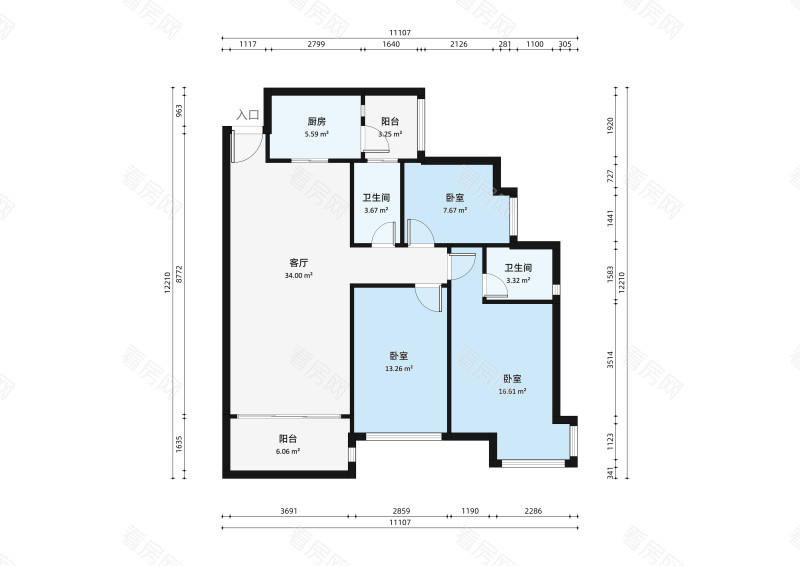 华盈爱琴湾小区3室2厅户型图3