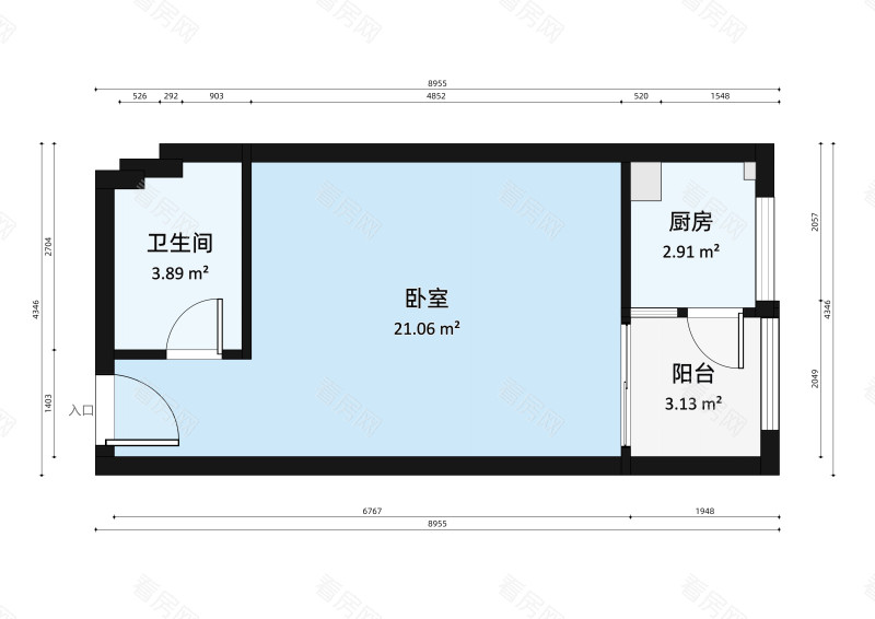 蓝钻双子座楼小区1室1厅户型图3