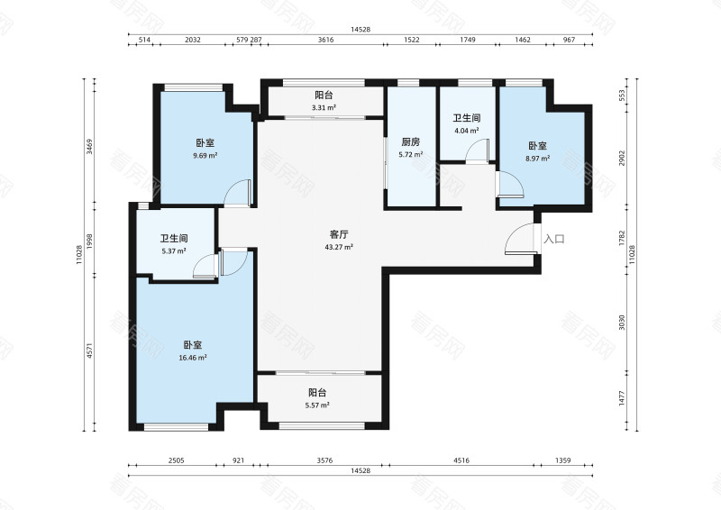 中海锦城小区3室1厅户型图2