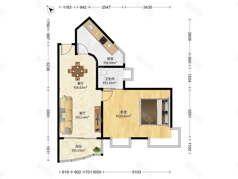 环岛丽园 72平1房2厅西南朝向精装房_环岛丽园二手房户型图片6