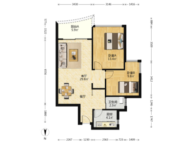 深业新岸线一期小区2室2厅1卫户型图1