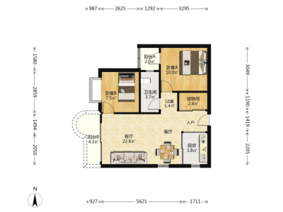 东方海雅居小区2室2厅1卫户型图1